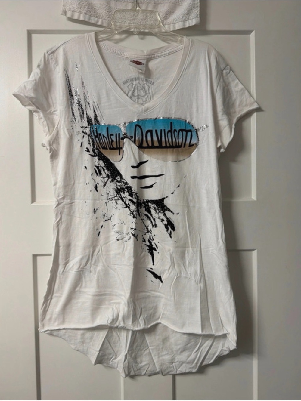 Harley-Davidson White V-Neck Tee with Blue-Tinted Sunglasses Graphic
